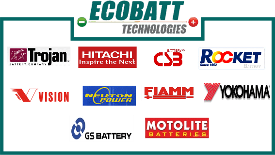 Ecobatt Techonologies Brands of New Batteries: Includes Trojan, Hitachi, CS3, Rocket, Vision, Neutron Power, Fiamm, Yokohama, GS Battery, Motolite